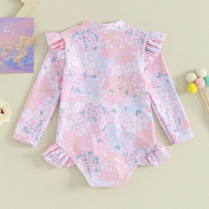 Toddler Floral Print Long Sleeve Swimsuit for Girls